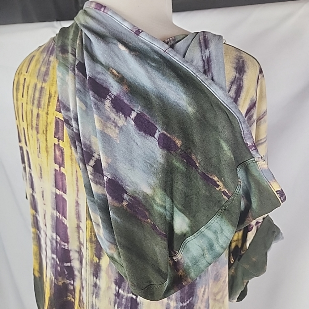 Coin 1804 Hooded Top Women Sz 1X Hand Tie Dye Kangaroo Pocket Boho Short Sleeve - Picture 5 of 11
